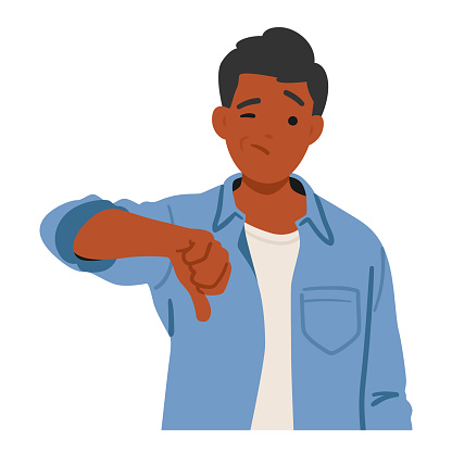 Man Displeasure Evident As He Vehemently Displayed A Thumbs-down Gesture. Black Male Character Signaling His Strong Disapproval And Discontent With A Scowl. Cartoon People Vector Illustration