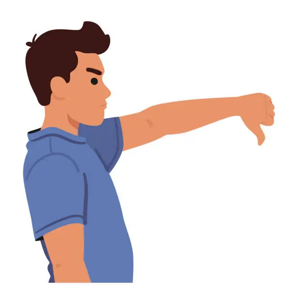 Vector illustration of Upset Male Character Expresses His Disapproval With A Stern Frown And A Deliberate Thumbs-down Gesture