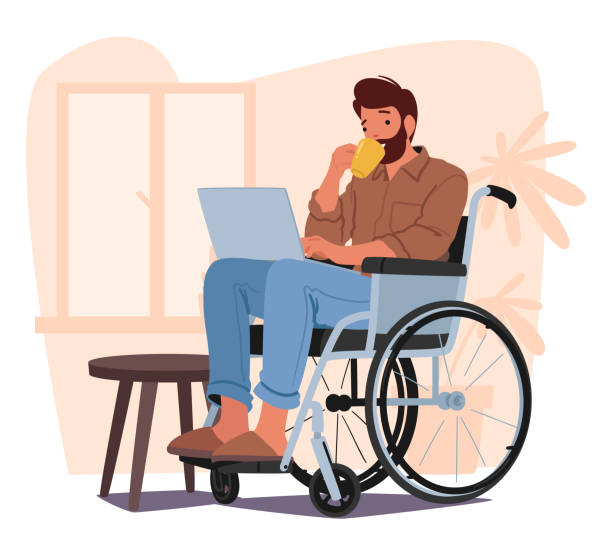 車椅子に乗った決意の固い男性がノートパソコンを巧みに操作しています。レジリエンス(回復力)を披露する障害者男性キャラクター - working people physical impairment wheelchair点のイラスト素材／クリップアート素材／マンガ素材／アイコン素材