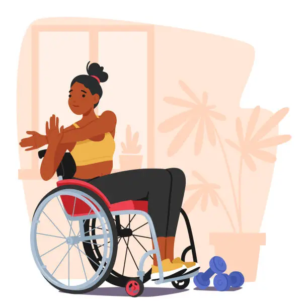 Vector illustration of Determined Woman In Wheelchair Engages In Empowering Exercises With Dumbbells. Showcasing Resilience