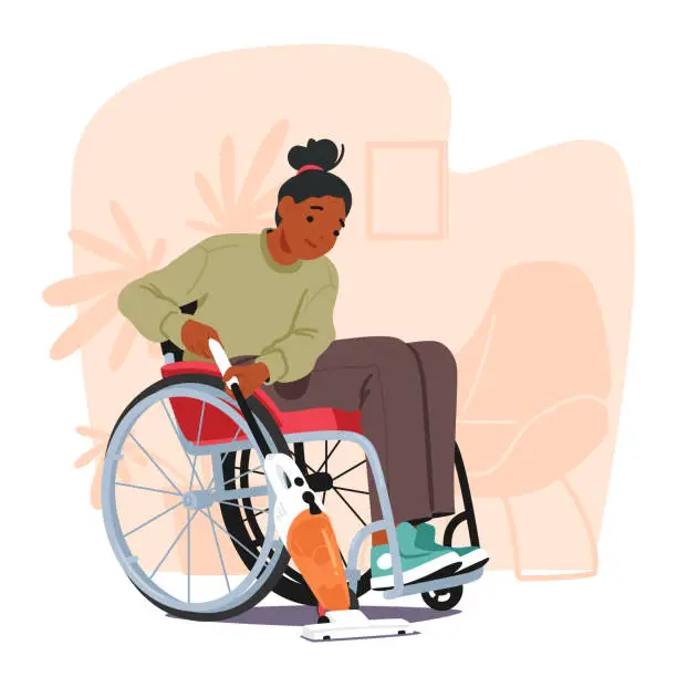 Vector illustration of Woman In Wheelchair Efficiently Vacuums The Floor. Character Showcasing Her Independence And Resilience