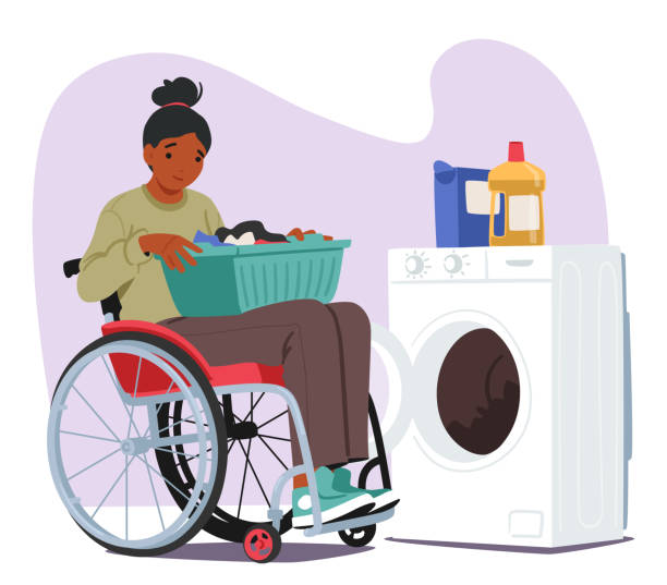Resilient Woman In A Wheelchair, Determined And Self-sufficient, Confidently Loads Her Laundry Into A Washing Machine Resilient Woman In A Wheelchair, Determined And Self-sufficient, Confidently Loads Her Laundry Into A Washing Machine. Character Embodying Strength And Independence. Cartoon People Vector Illustration flexible adaptable stock illustrations