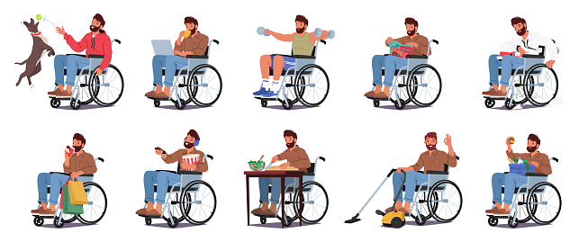 Isolated set of Disabled Man In Wheelchair Tackles Household Chores. Male Character Shopping, Playing With Dog, Exercising, Washing clothes, Working on Laptop, Cook. Cartoon People Vector Illustration