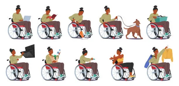 Vector illustration of Disabled Woman In Wheelchair Tackles Household Chores. Female Character Shopping, Walking With Dog, Reading