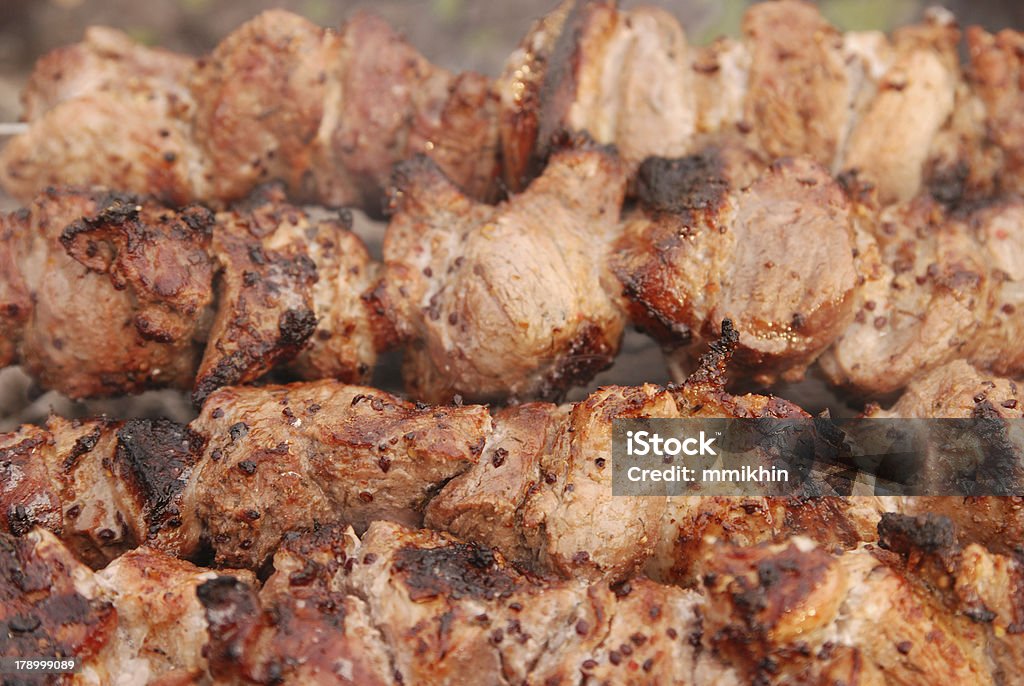 Kebabs (Shashlik). The barbecue is fried on hot coals. It is a little smoke on a background. Backgrounds Stock Photo