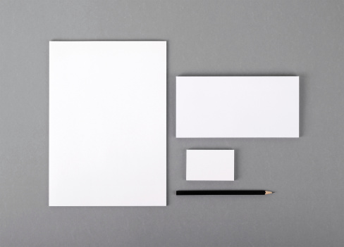Blank basic stationery. Letterhead flat, business card, envelope, pencil.