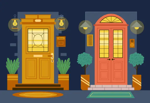 Vector illustration of Front door house apartment interior night concept. Vector flat graphic design illustration