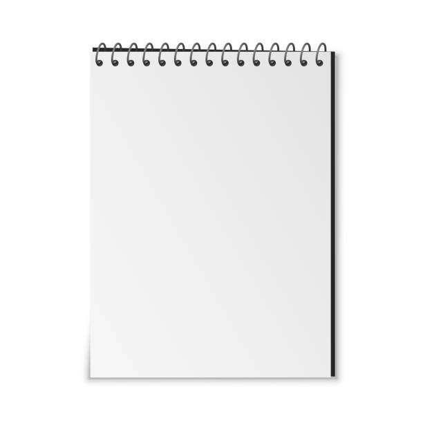 ilustraciones, imágenes clip art, dibujos animados e iconos de stock de cuaderno en blanco de espiral realista, cubierta de libro de copia de plantilla con espiral de hierro horizontal - vector de stock - scratchpad