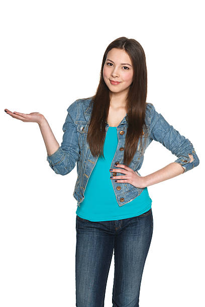 istock Casual female holding blank copy space on her palm 179001086