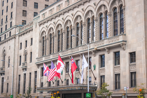 Toronto, Canada - September, 2023: The Fairmont Royal York Hotel in downtown Toronto, located on Front Street West across from Union Station, in the Financial District. The hotel is commonly known as the Royal York and was contracted and opened in 1929. This also used to be Queen Elizabeth's hotel of choice when visiting Toronto.