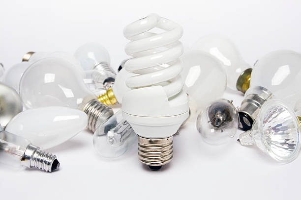 bombilla de ahorro de energía y bombillas estándar - recycled bulb fotografías e imágenes de stock