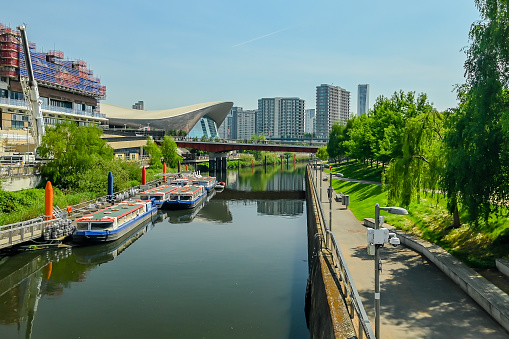 London, UK, 15 May 2023: Cruise on Waterworks River
of Queen Elizabeth Olympic Park, Stratford, London