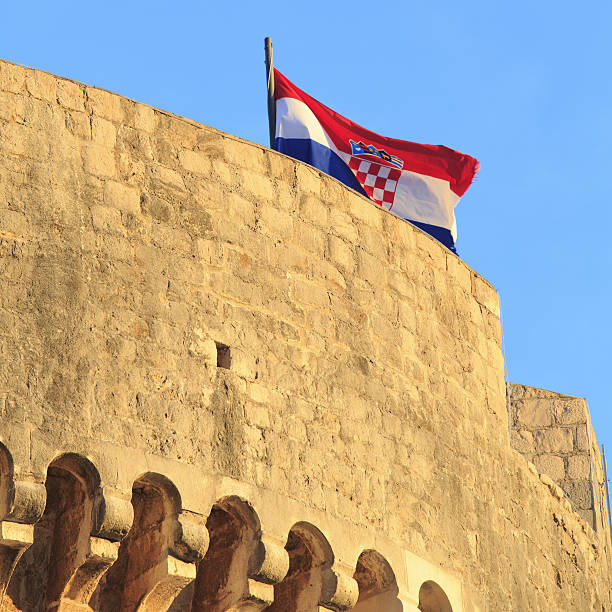 istock Dubrovnik Minceta tower at sunset with Croatian flag 179003111
