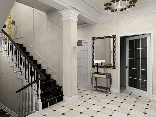 Big hall with the classic stair. 3D render.