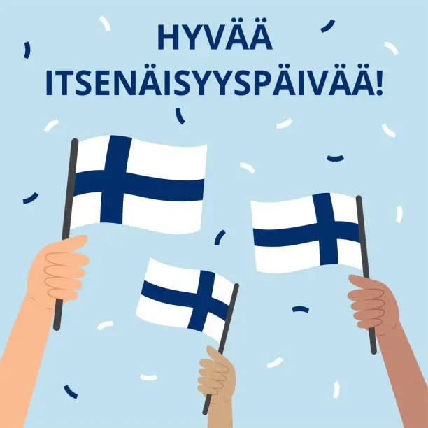 Vector illustration of Finland Independence Day banner. Hyvää itsenäisyyspäivää - Happy Independence Day (translation from Finnish). Template with diverse hands holding Finnish flags.