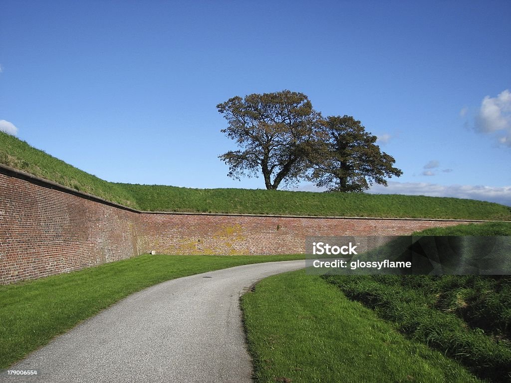 曲がりくねった道、草、レンガの壁、木-デンマークの風景 - デンマークのロイヤリティフリーストックフォト