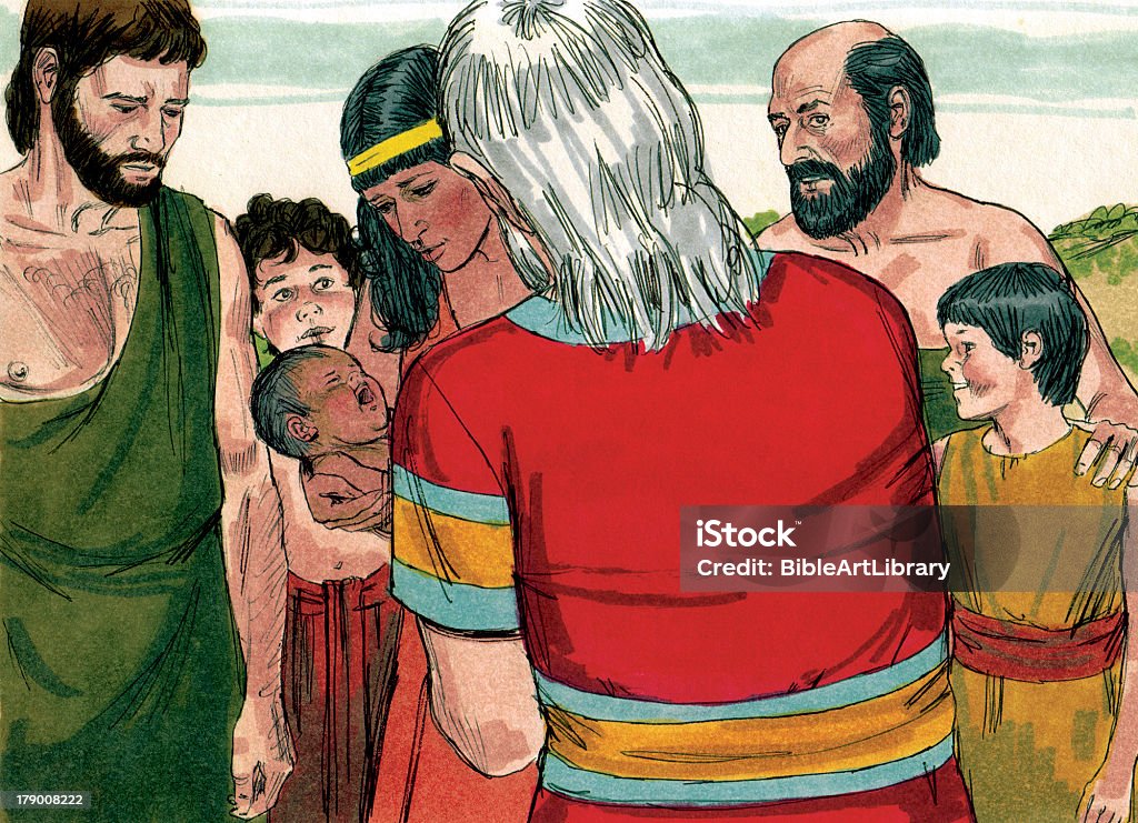 Abraham and Baby Ishmael "God instructed Abram to leave his home with his wife, Sarai and his belongs and to go Canaan. God promised Abram and Sarai children. Abram obeyed God. A famine hit Canaan. Abram decided to go to Egypt, but was worried that the king of Egypt would want Sarai. He told Sarai to say she was his sister instead of his wife. Abram was correct. The king had Sarai brought to him and tried to pay Abram with gifts. Disease hit the kingaas palace. The king knew God had sent the illness and sent Abram away. They returned to Canaan. God again promised Abram and Sarai children. They were 85 and still childless. Sarai had Hagar, her servant, deliver a child for her. His name was Ishmael. After his birth, God changed Abramaas and Saraiaas names to Abraham and Sarah. Time passed and three strangers visited Abraham. They said Sarah would give birth to a son. Sarah began to laugh. Hearing her laugh the men said aIs anything too hard for the Lordai When Abraham was 100 years old, Sarah gave birth to a son, the child God had promised, named Isaac. Years later, the Lord told Abraham to take Isaac to a mountain and to offer him as a sacrifice to God. Abraham obeyed. As he was about to sacrifice Isaac, an angel of the Lord stopped him. God provided a ram and spared Isaac. Abrahamaas faith had passed Godaas test. Sarah died at age 127. Isaac grew up and married Rebekah.The Bible Art Library is a collection of commissioned biblical paintings. During the late 1970s and early 1980s, under a work-for-hire contract, artist Jim Padgett created illustrations for 208 Bible stories encompassing the entire Bible from Genesis through Revelation. There are over 2200 high-quality, colorful, and authentic illustrations. The illustrations are high quality, biblically and culturally accurate, supporting the reality of the stories and bringing them to life. They can be used to enhance communication of Bible stories in printed, video, digital, and/or audio forms." Abraham - Biblical Figure Stock Photo