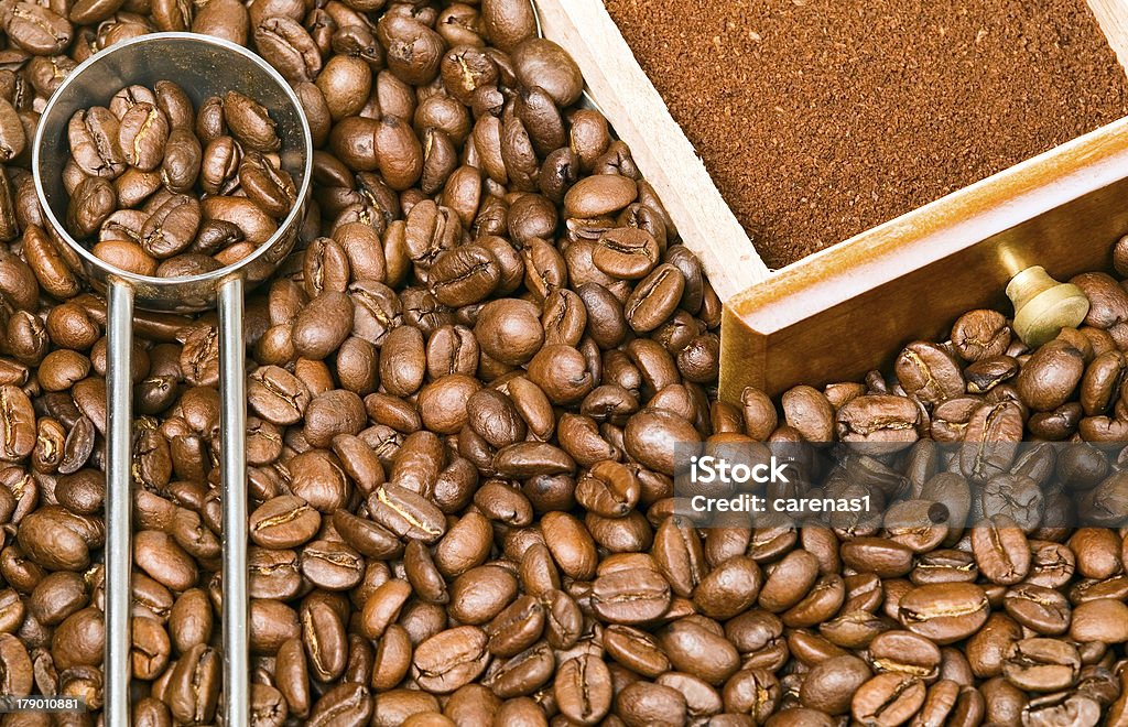 Coffee beans background with spoon and box Background from coffee beans with special spoon and box, food concept Agriculture Stock Photo