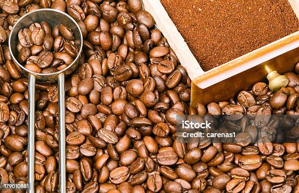 Coffee Beans Background With Spoon And Box Stock Photo - Download Image Now - Agriculture, Aromatherapy, Backgrounds
