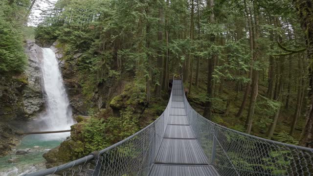 Suspension Bridge by Waterfall in Green Canadian Rain Forest.