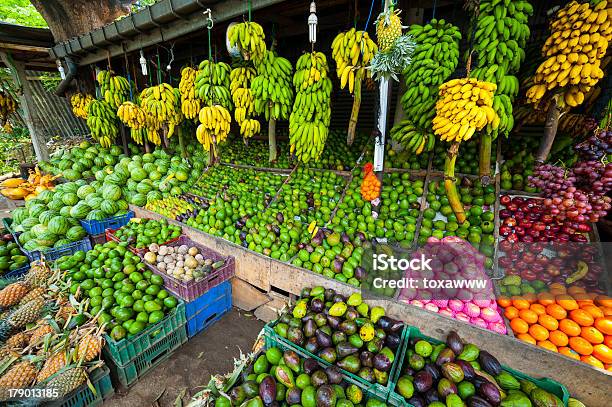 Many Tropical Fruits In Outdoor Market Stock Photo - Download Image Now - Asia, Avocado, Banana