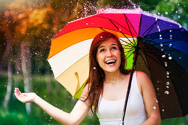 istock Surprised woman with umbrella during summer rain 179013209