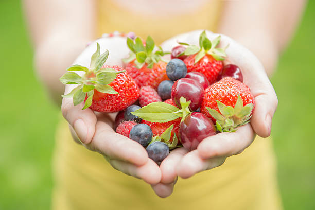 girl holding fruits stock photo