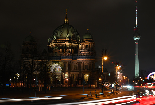 Berlin Reichstag with television tower at night