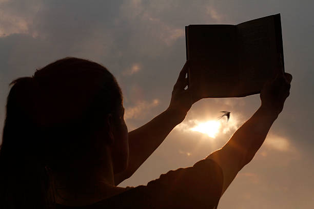 istock Young girl feels freedom by reading a book backlight. 179014381