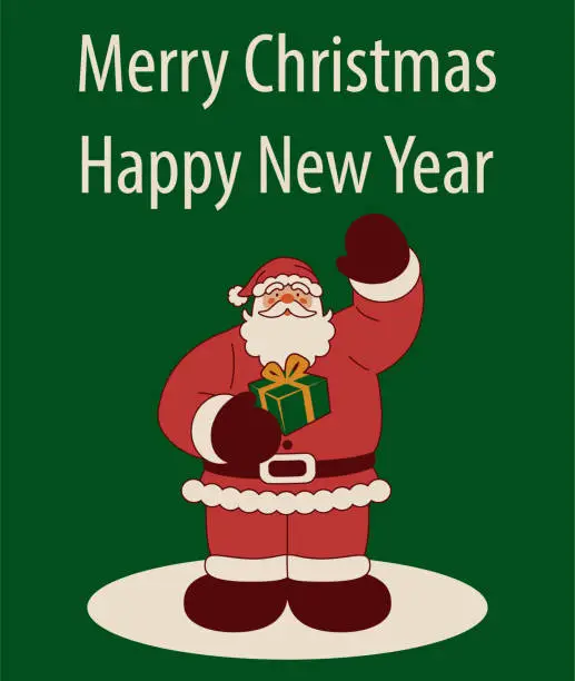 Vector illustration of Santa Claus carrying Christmas presents raises his hand to say hello to you on Christmas and wishes You a Merry Christmas and a Happy New Year