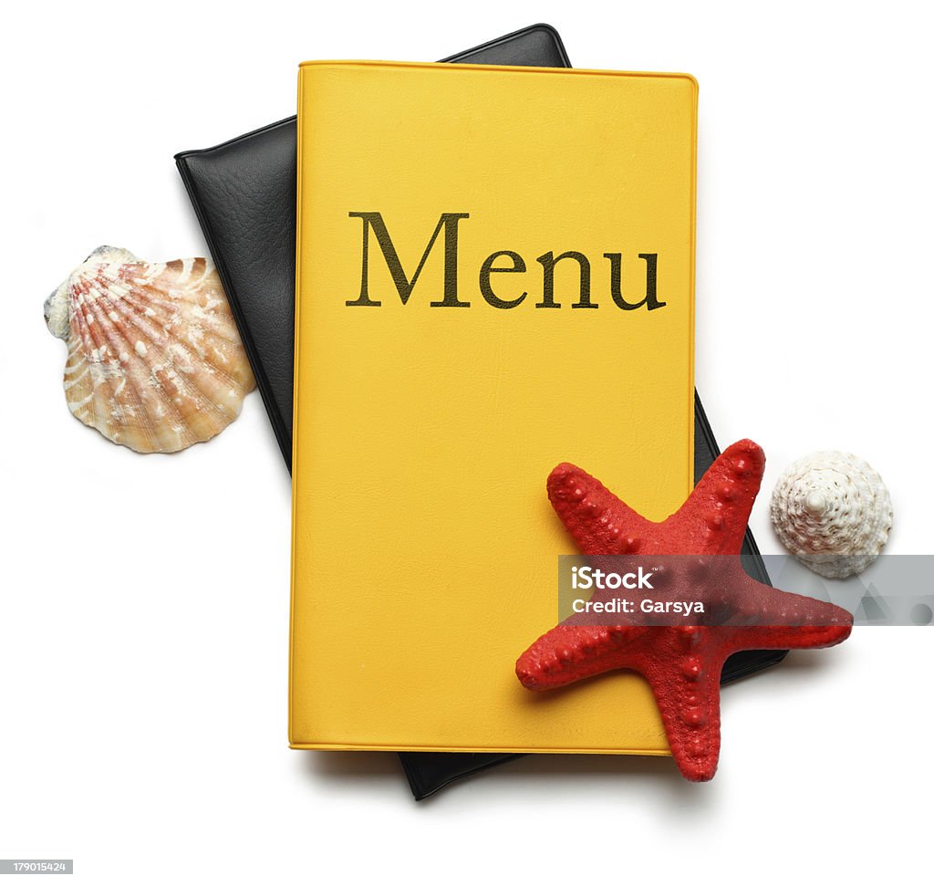 Żółty menu, książki i muszle seastar - Zbiór zdjęć royalty-free (Broszura)