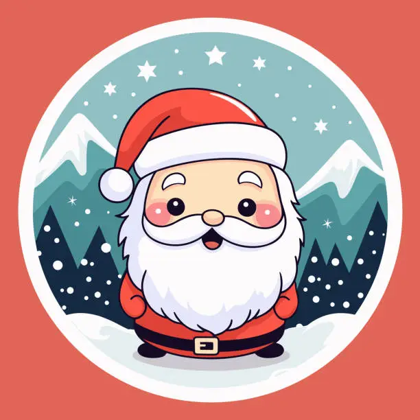 Vector illustration of Christmas round sticker design. Cute Santa Claus with snowy, mountains, fir trees and snowflakes and snow isolated on red background.