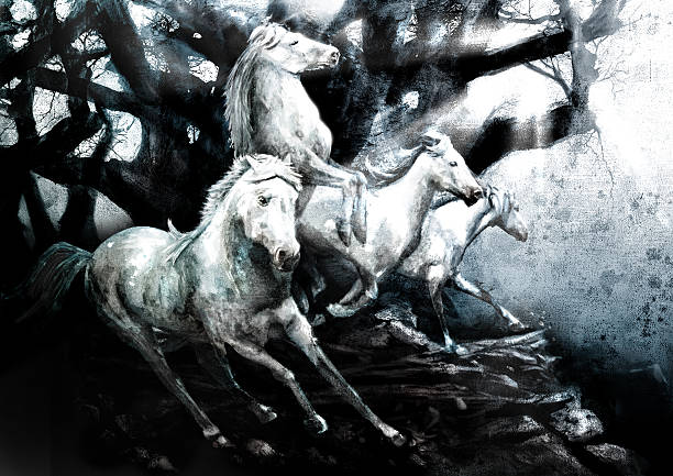 running horses painting charging white horses from dark woods stampeding stock illustrations