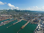 Industrial seaport, top view. Port cranes and cargo ships and ba