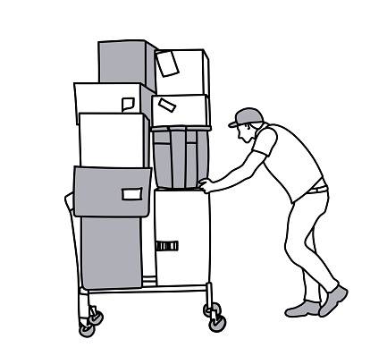 A human factor and ergonomic illustration showing a man pushing a load that is too heavy for the cart being used