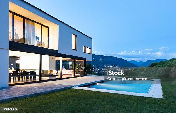 Modern Villa With Pool Stock Photo - Download Image Now - Swimming Pool, Grass, Night