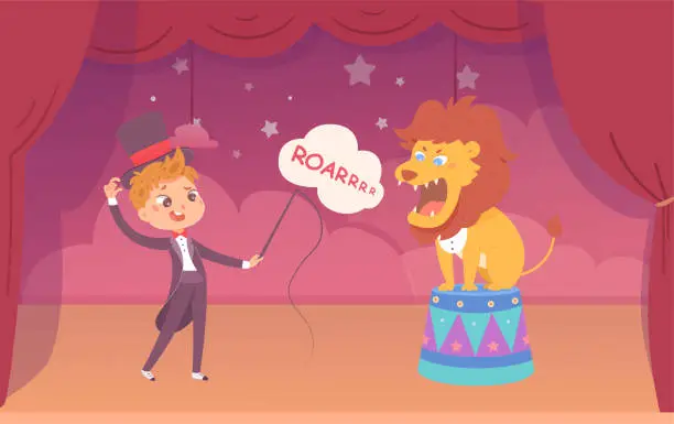 Vector illustration of Circus performance with lion and trainer vector illustration. Cartoon isolated angry lion sitting on arena podium and roaring, cute tamer boy in vintage dress holding whip to train circus animal