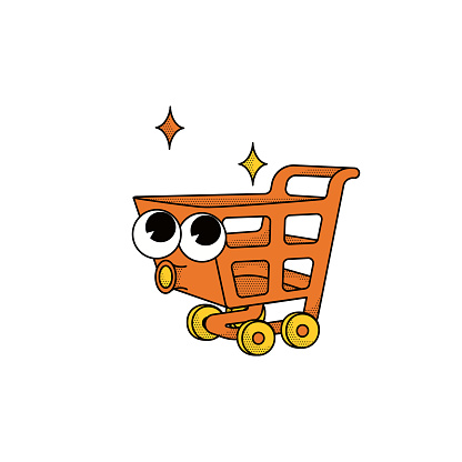 Cool trendy groovy sale promo character of shop cart. Isolated vector mascot in comic cartoon style on transparent background for your design