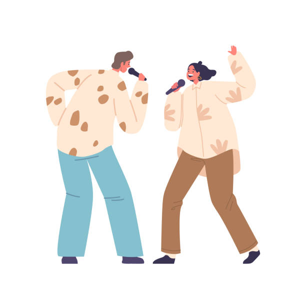 ilustrações de stock, clip art, desenhos animados e ícones de man and a woman characters harmoniously sing karaoke, their voices blending in musical unity, vector illustration - singing singer teenager contest