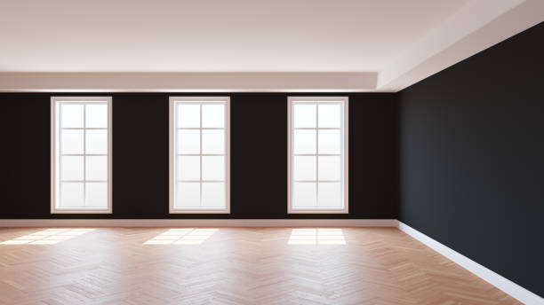 istock Beautiful Black Room with a White Ceiling and Cornice, Glossy Parquet 1790219509
