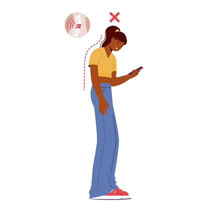 Black Female Character Hunched Over Their Phone With A Curved Neck, Experiencing Discomfort And Neck Pain Due To Poor Posture While Using Their Device. Cartoon People Vector Illustration