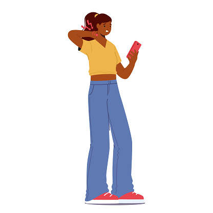 Hunched Female Character with Phone In Hand, Displays Poor Posture, Leading To Neck Strain, Manifesting In Discomfort And Pain. Black Woman Perform Incorrect Pose. Cartoon People Vector Illustration