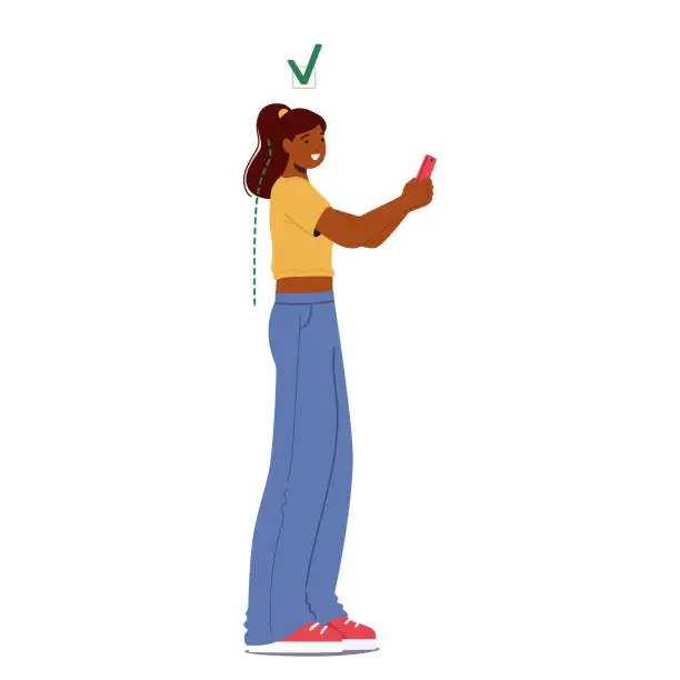 Vector illustration of Black Woman Character Maintains Proper Posture While Holding Her Phone, Her Back Straight, Shoulders Relaxed