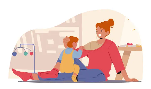 Vector illustration of Loving Mother Engages With Her Joyful Baby On The Cozy Floor, Sharing Tender Moments Of Laughter And Affection