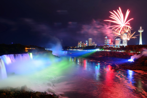 Niagara Falls lit at night by colorful lights with fireworks