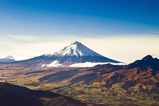 Cotopaxi volcano, Ecuador aerial shot with blue skyes