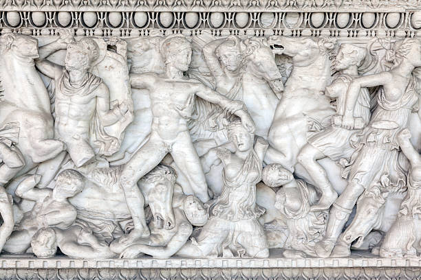 Decoration on ancient sarcophagus at the entrance of the Archaeological Museum of Thessaloniki in Greece