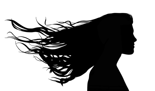 profile of a young beautiful woman with long hair waving in the wind