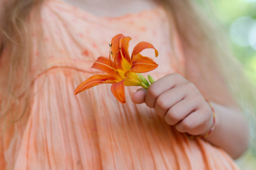 Cute little girl with orange lilly flower in her hands