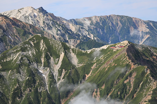 The ridge line from Mt. Karamatsu to Mt. Shirouma in the Northern Alps in Japan